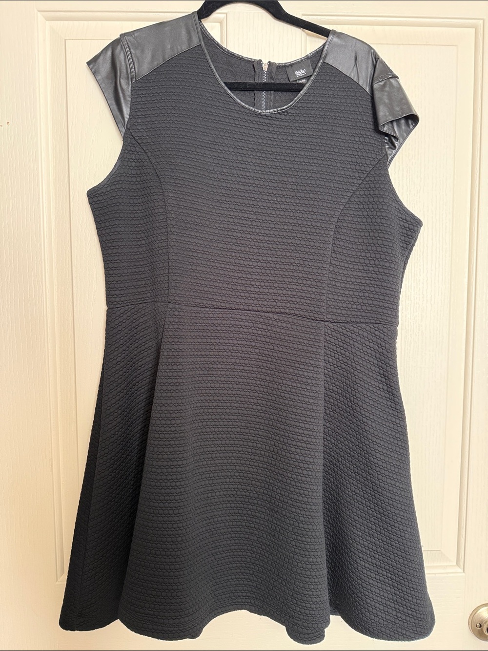 Massimo Black Textured Fit & Flare Midi Dress with Faux Leather Cap Sleeves